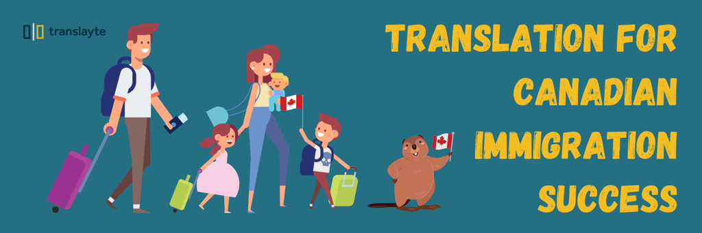 a family of 5, father, mother and three children, immigrating to canada, carrying travel bags and holding canadian flags, translation for canadian immigration success